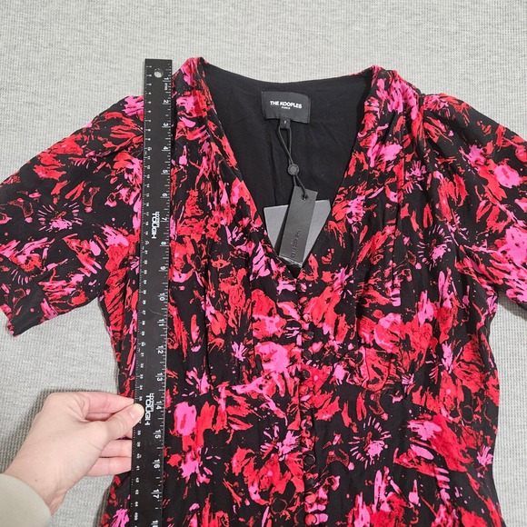 The Kooples Firework Print Midi Dress Black Red Pink V-Neck Size 1 FROB24151K - Picture 9 of 16